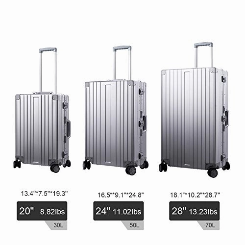 TRAVELKING Multi-size All Aluminum Hard Shell Luggage Case Carry On Spinner Suitcase (20"-28") (Silver, 24")
