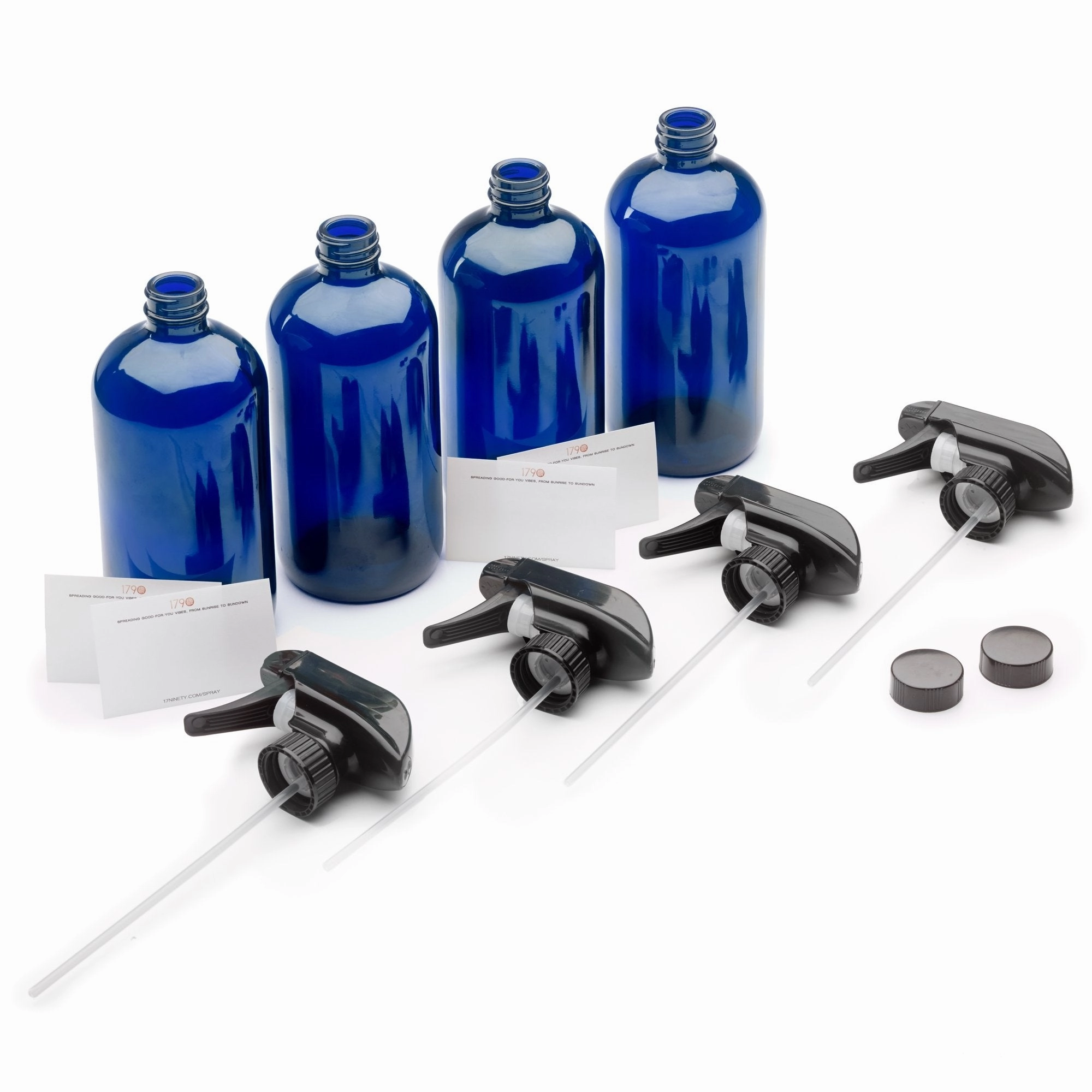 16oz Empty Cobalt Blue Glass Spray Bottles w/Labels and Caps- Mist & Stream Sprayer - BPA Free - Boston Round Heavy Duty Bottle - For Essential Oils, Cleaning, Kitchen, Hair, Perfumes (4 Pack)