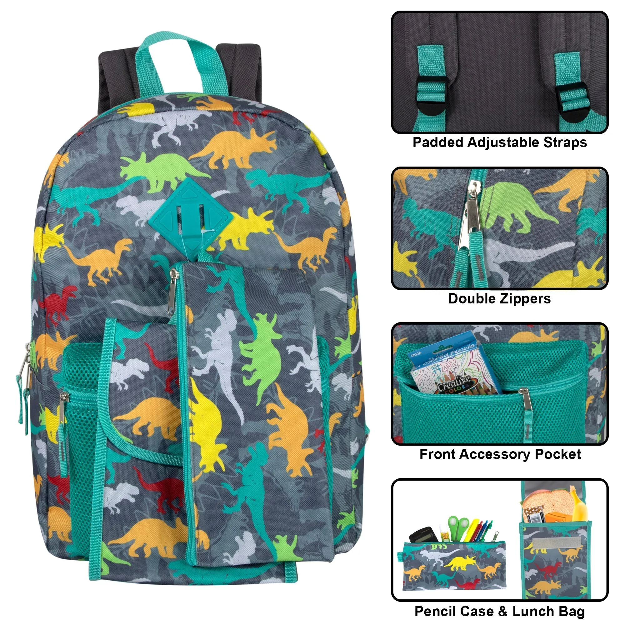 3 In 1 Dino Themed 17 Inch Backpack With Lunch Bag & Pencil Case