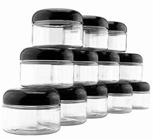 4-Ounce Clear Plastic Jars (12-Pack); Jars w/Black Domed Lids for Cosmetics, Kitchen Spices, Crafts & Office