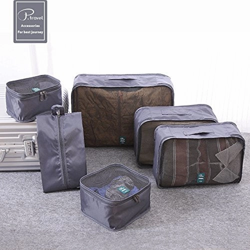 6 Set Packing cubes Travel luggage Organizer Waterproof Mesh Lightweight Suitcase storage bag Clothing Laundry Bag Shoe Bag (Grey)