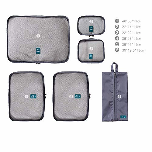 6 Set Packing cubes Travel luggage Organizer Waterproof Mesh Lightweight Suitcase storage bag Clothing Laundry Bag Shoe Bag (Grey)