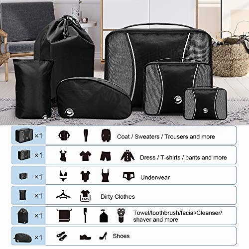 6 Set Packing Cubes, Travel Luggage Packing Organizers with Shoes Bag & Laundry Bag (Black)
