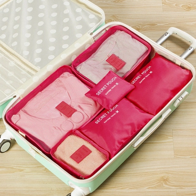 6pcs/set Fashion Double Zipper Waterproof Polyester Packing Cubes Men And Women Luggage Travel Bags