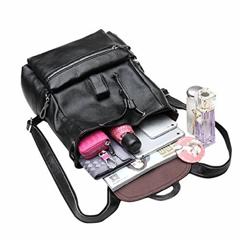 ABage Women's Genuine Leather Backpack Classic Casual School Buckle Flap Backpack, Black1