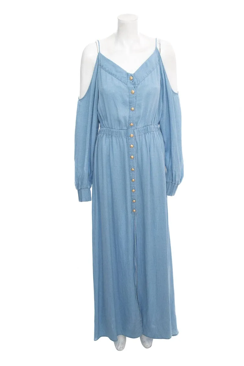 Balmain Denim Cold Shoulder Maxi Dress SZ 44