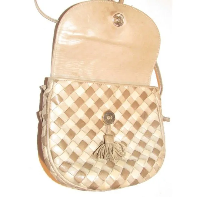 Bottega Veneta Vintage Brown Taupe And Ivory Woven Leather Shoulder Bag