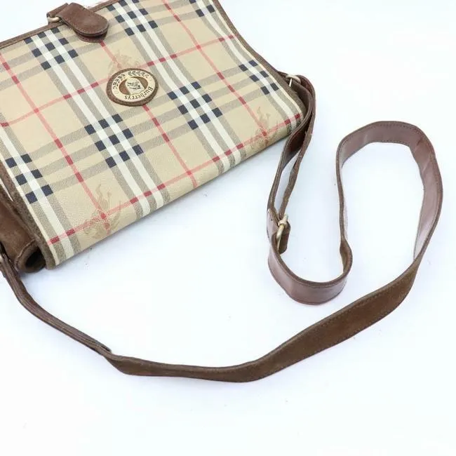 Burberry Early Two Way Style Bodyshoulder Purse Brown Suede And Haymarket Nova Check With Knights Pl
