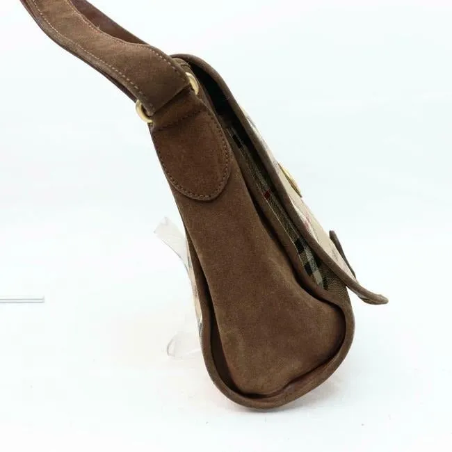 Burberry Early Two Way Style Bodyshoulder Purse Brown Suede And Haymarket Nova Check With Knights Pl