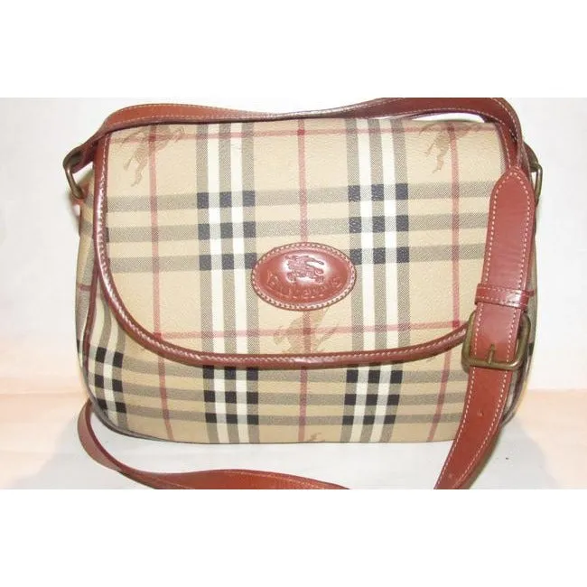 Burberry Saddle Style Or Shoulder Purses British Tan Leather And Haymarket Nova Check With Knights P