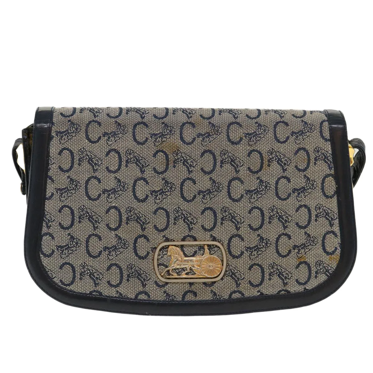 Celine C Macadam Canvas Horse Carriage Shoulder Bag Navy  39948