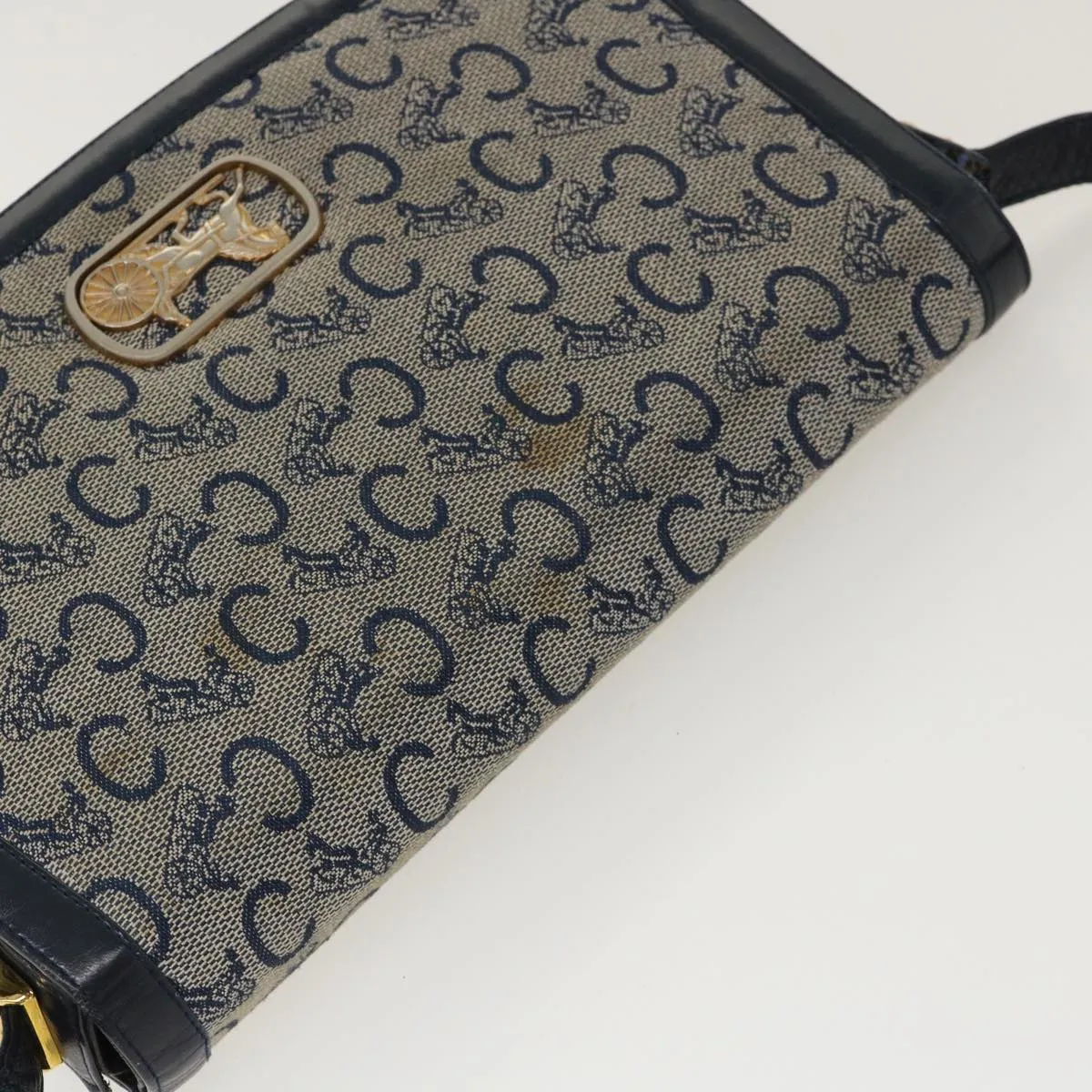 Celine C Macadam Canvas Horse Carriage Shoulder Bag Navy  39948
