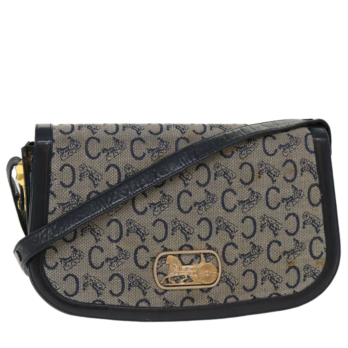 Celine C Macadam Canvas Horse Carriage Shoulder Bag Navy  39948