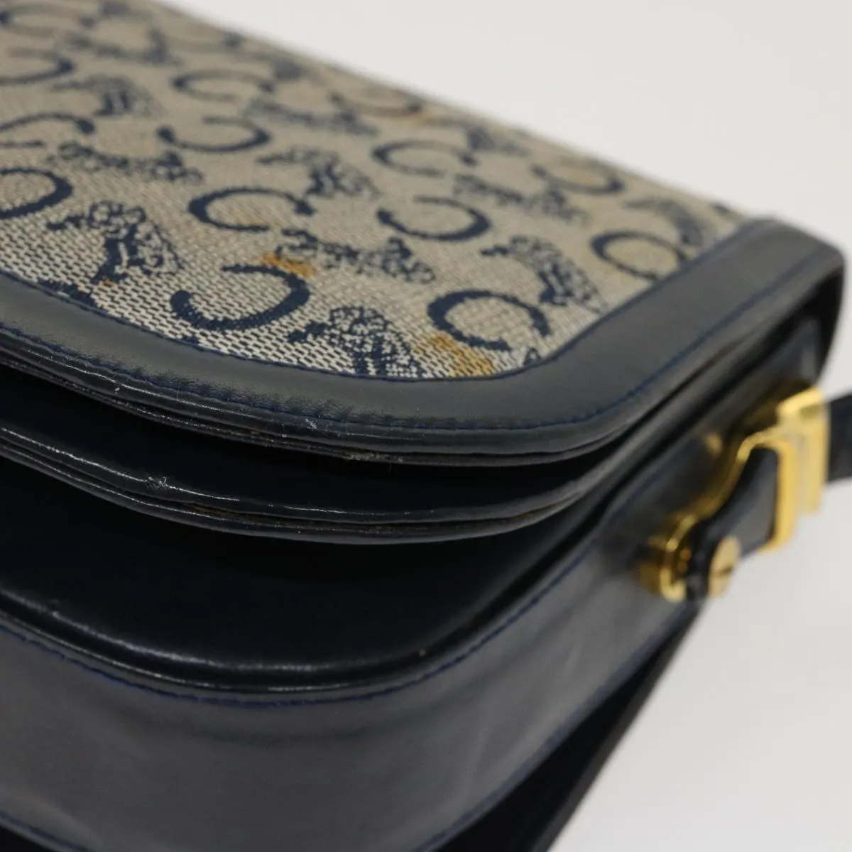 Celine C Macadam Canvas Horse Carriage Shoulder Bag Navy  39948