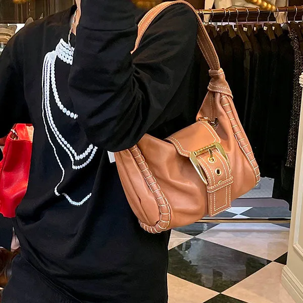 Celine Logo Buckle Shoulder Bag Camel