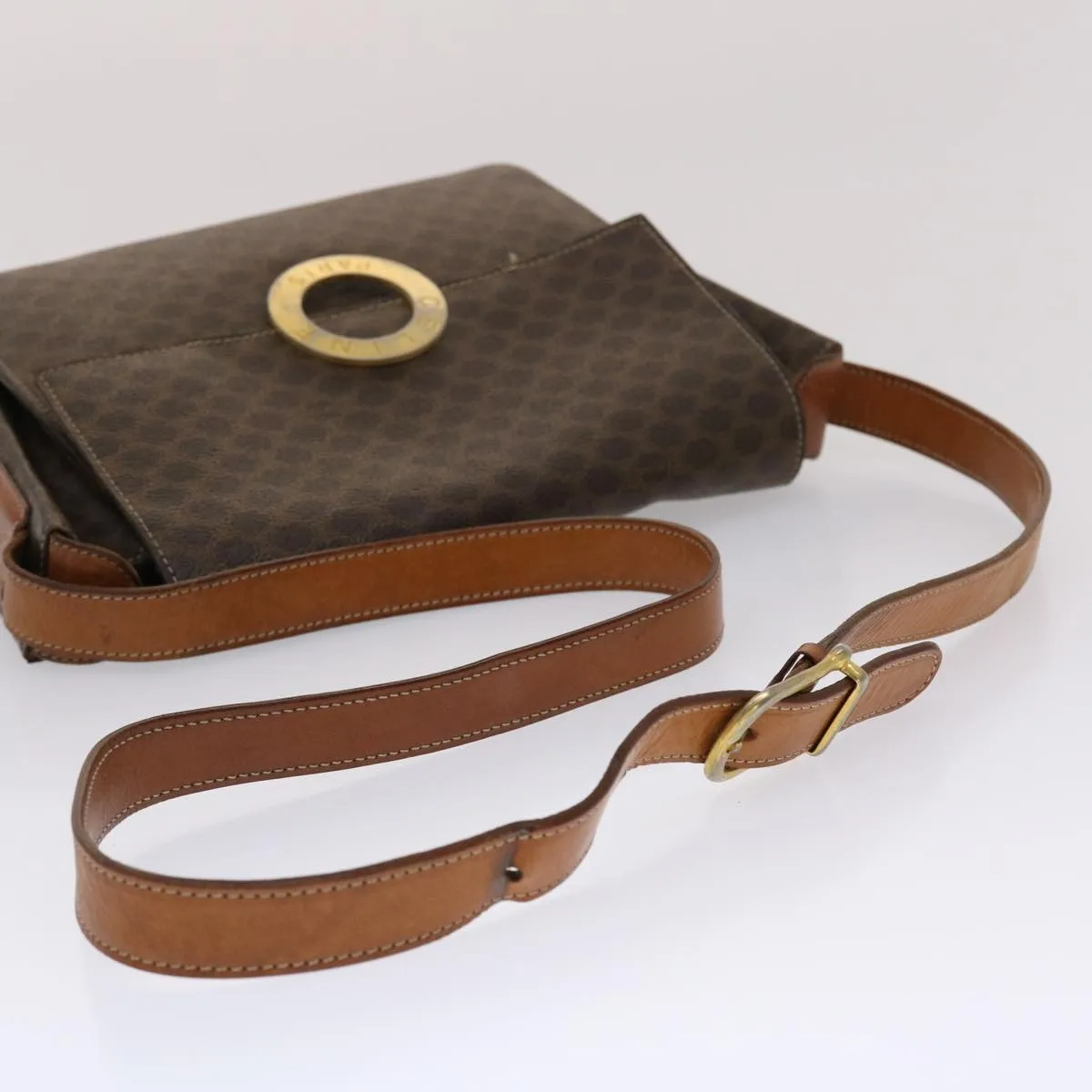 Celine Macadam Canvas Shoulder Bag PVC Leather Brown  49113