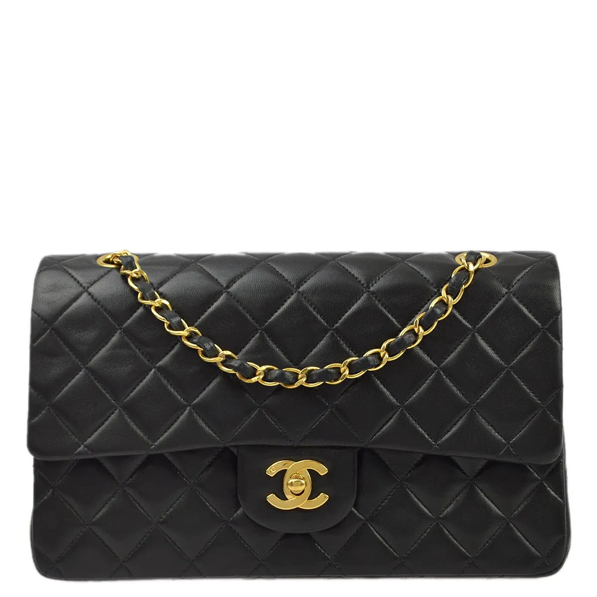 Chanel 1991-1994 Black Lambskin Medium Classic Double Flap Shoulder Bag