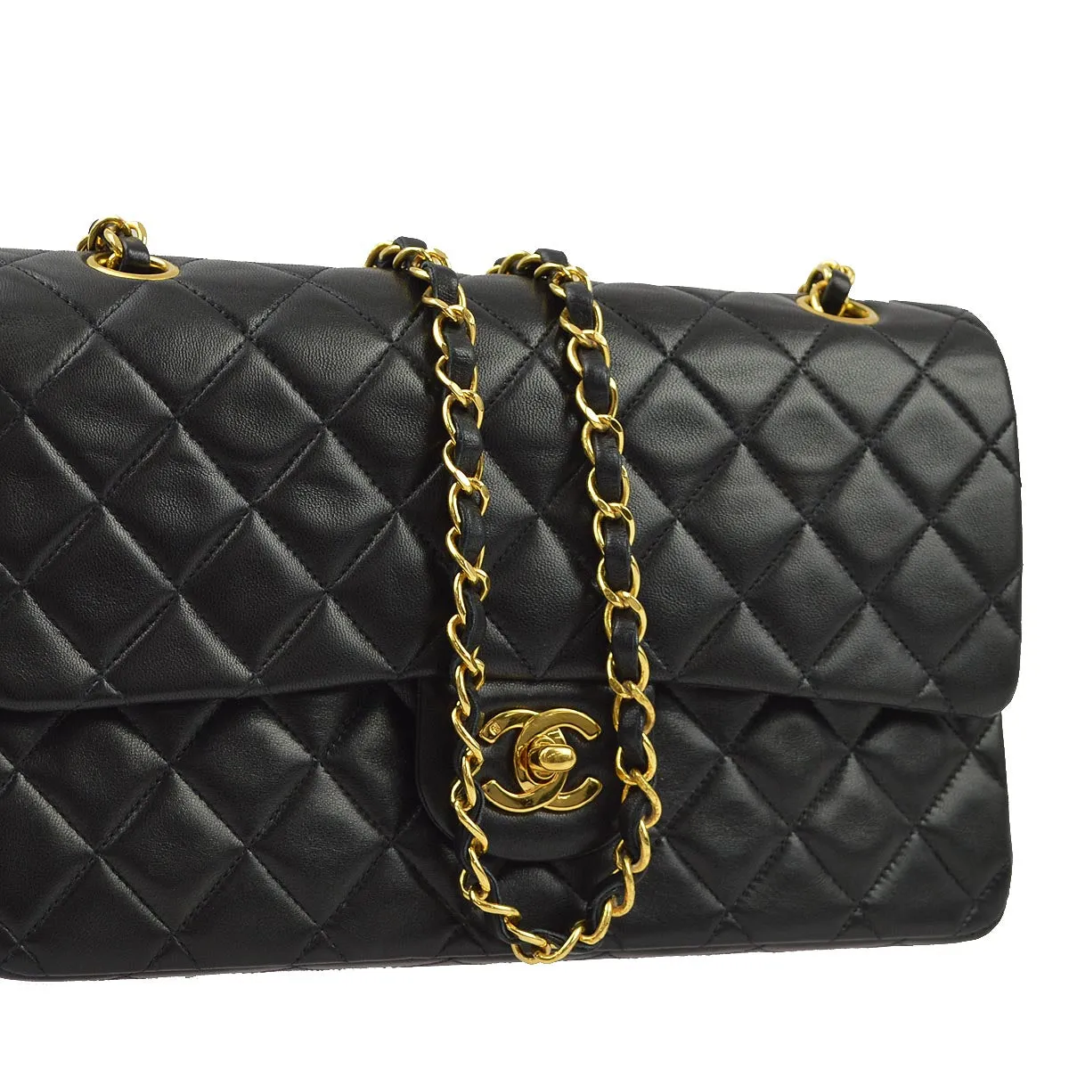 Chanel 1991-1994 Black Lambskin Medium Classic Double Flap Shoulder Bag