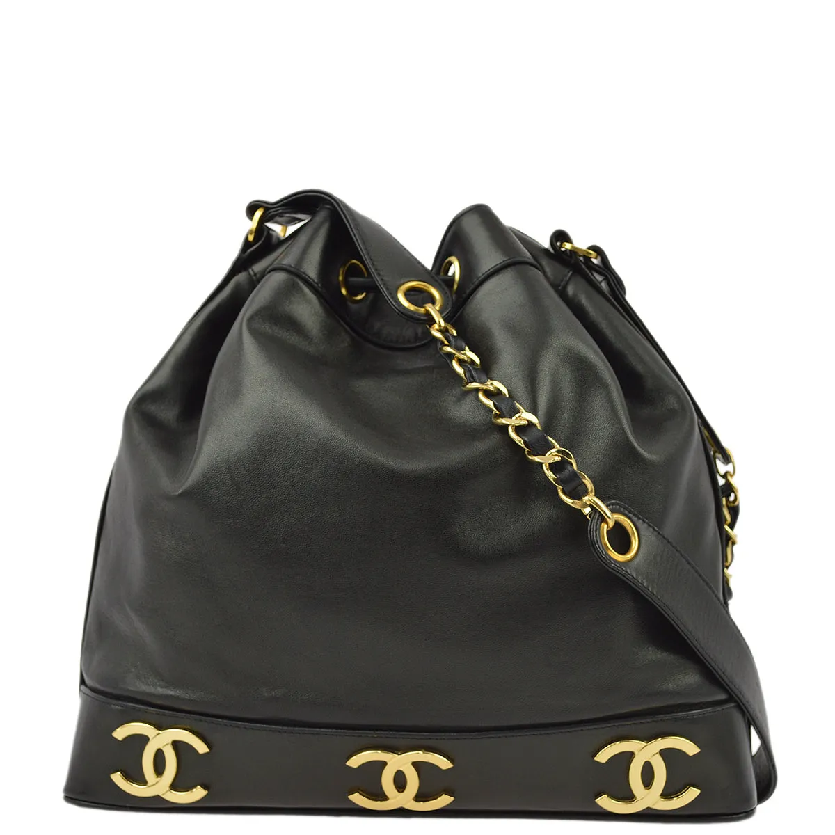Chanel 1991-1994 Black Lambskin Triple CC Bucket Shoulder Bag