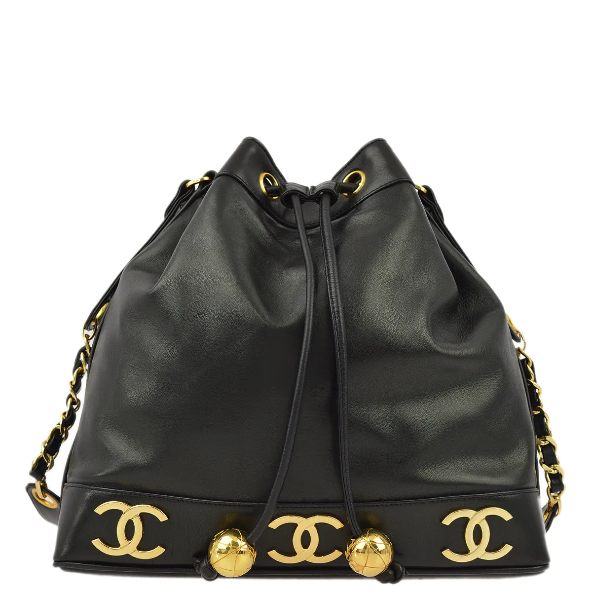 Chanel 1991-1994 Black Lambskin Triple CC Bucket Shoulder Bag