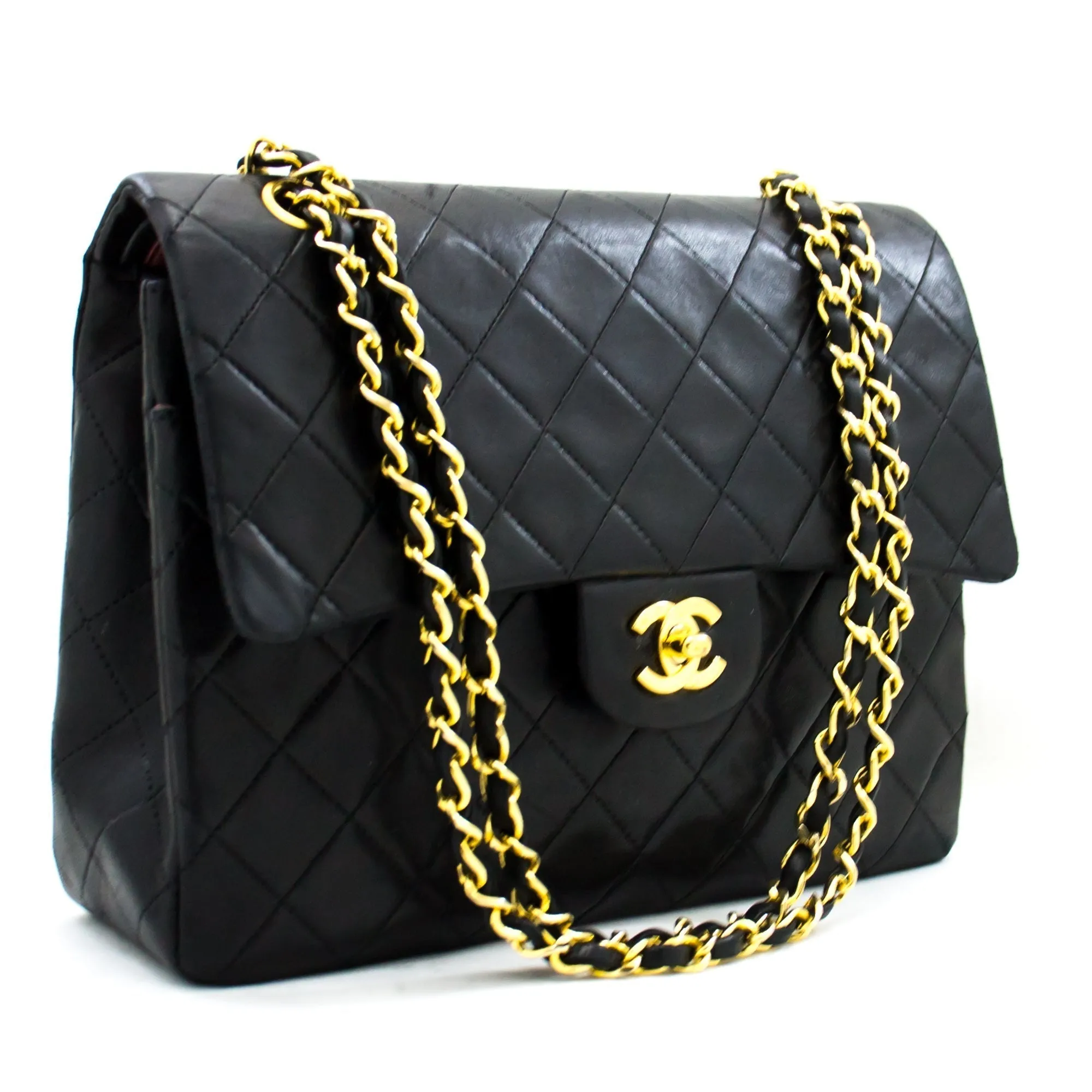 CHANEL 2.55 Double Flap Square Chain Shoulder Bag Black Lambskin