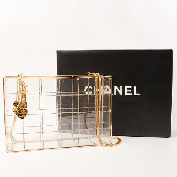 CHANEL Beads Chocolate Bar Logo Charm Chain Shoulder Bag Clear
