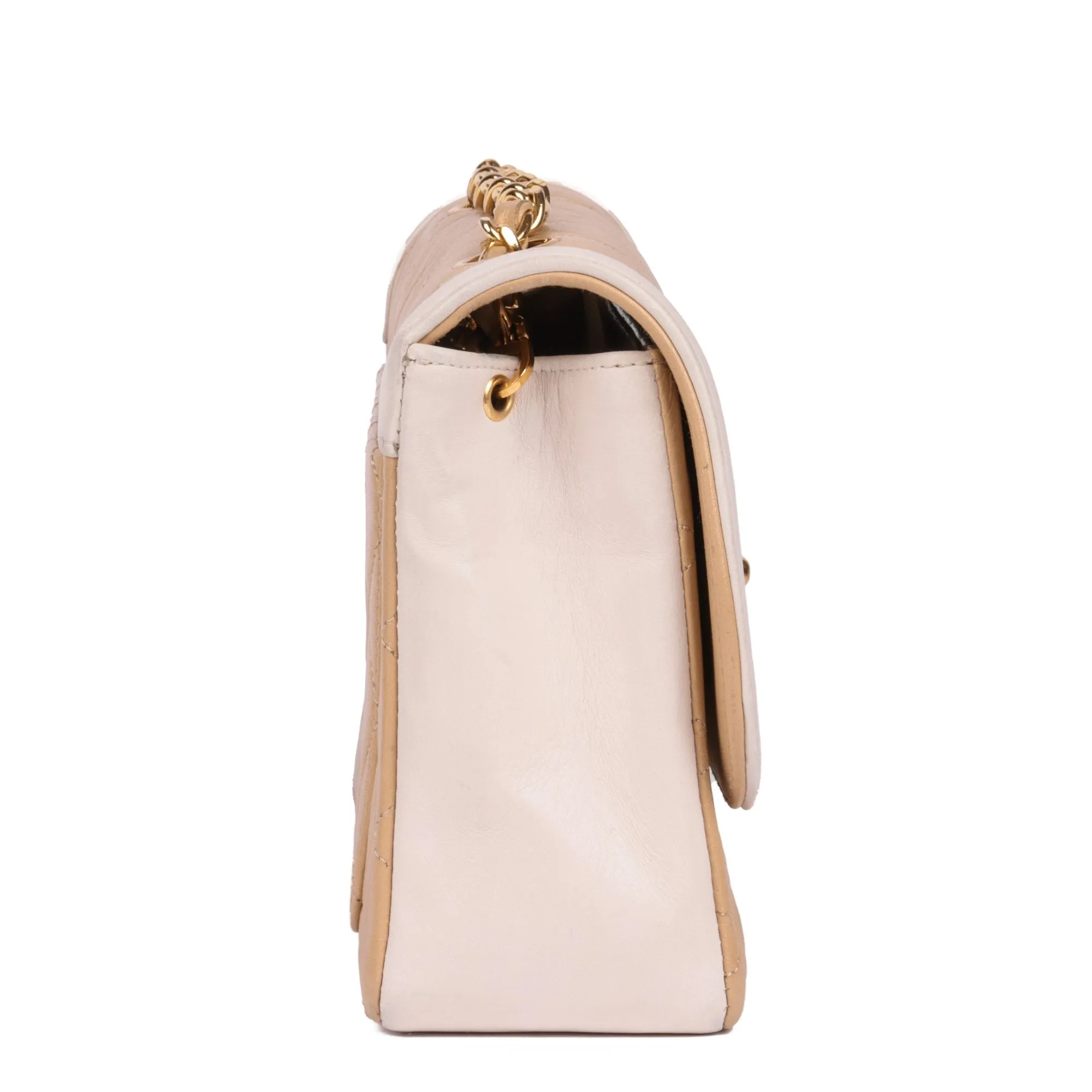Chanel Beige & White Quilted Lambskin Vintage Mini Classic Single Flap Bag with Wallet Shoulder Bag