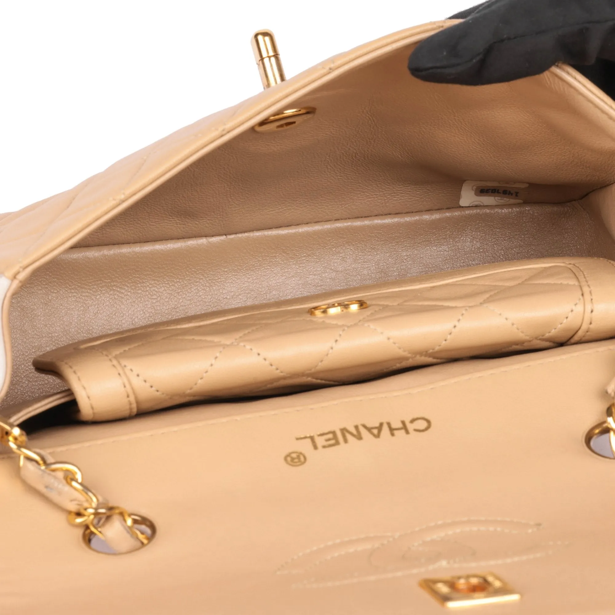 Chanel Beige & White Quilted Lambskin Vintage Mini Classic Single Flap Bag with Wallet Shoulder Bag