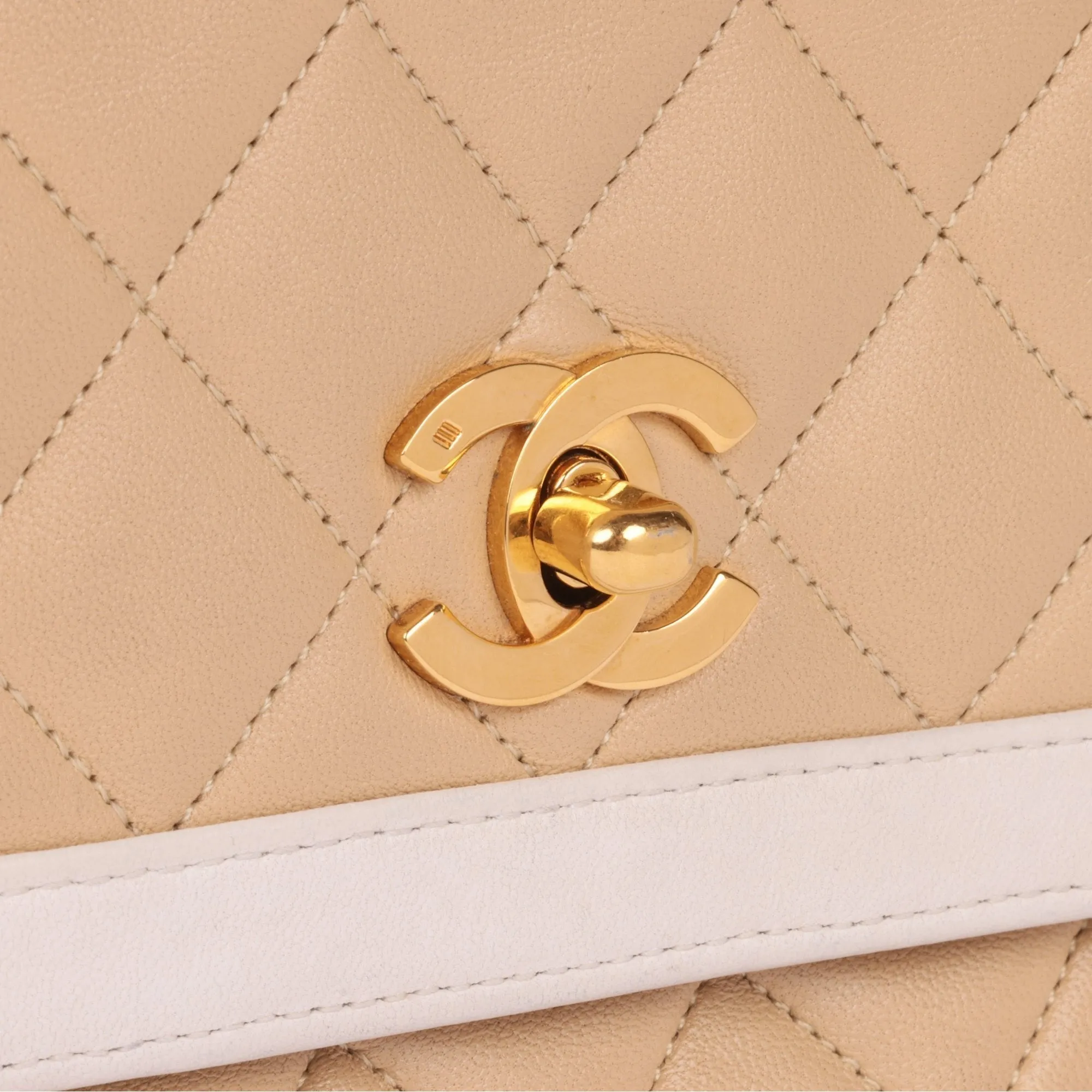 Chanel Beige & White Quilted Lambskin Vintage Mini Classic Single Flap Bag with Wallet Shoulder Bag
