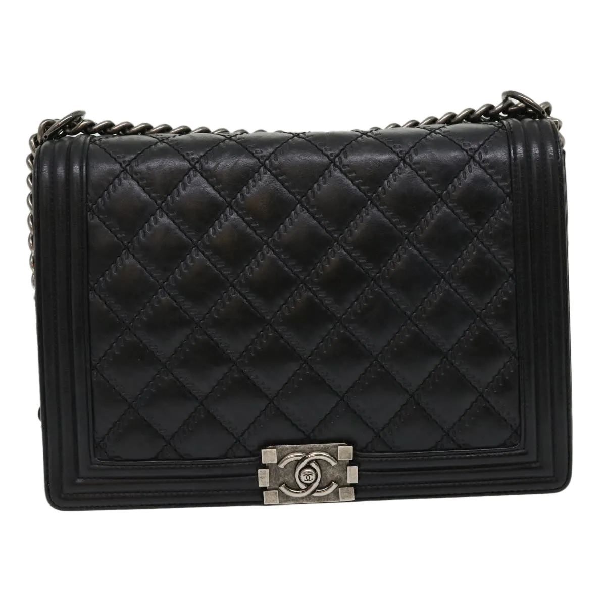 CHANEL Big Matelasse Boy  Chain Shoulder Bag Lamb Skin Black Auth 30943A