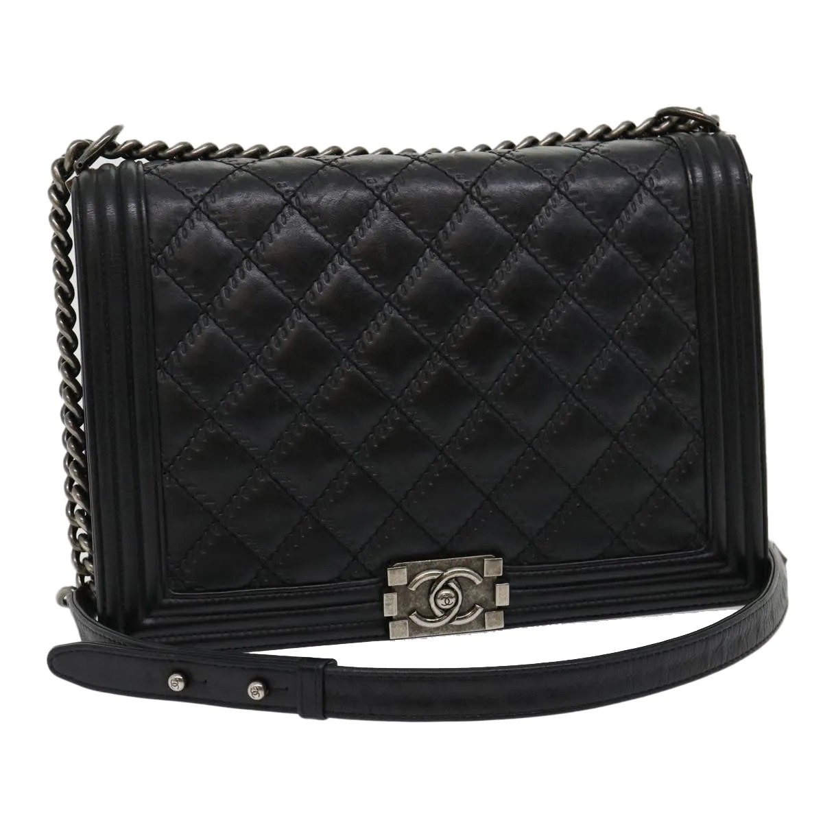 CHANEL Big Matelasse Boy  Chain Shoulder Bag Lamb Skin Black Auth 30943A