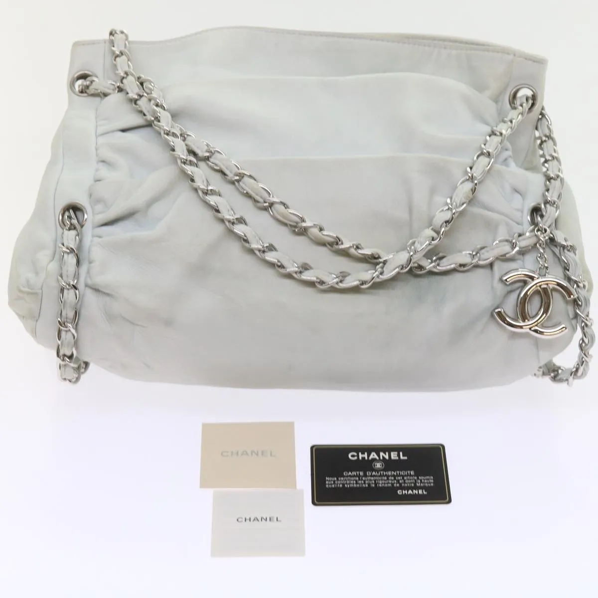 CHANEL Chain Shoulder Bag Leather White CC Auth bs10195