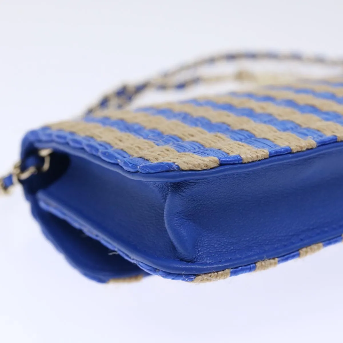 CHANEL Chain Shoulder Bag Raffia Blue Beige CC Auth 51139A