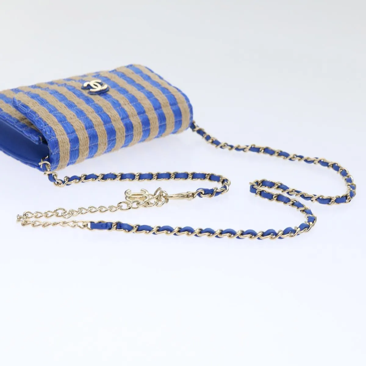 CHANEL Chain Shoulder Bag Raffia Blue Beige CC Auth 51139A