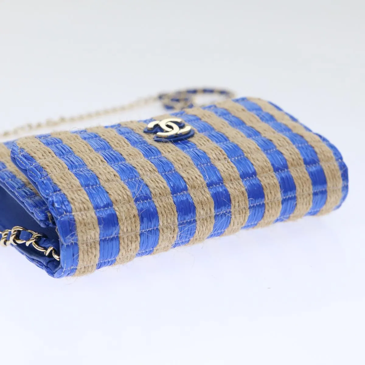 CHANEL Chain Shoulder Bag Raffia Blue Beige CC Auth 51139A