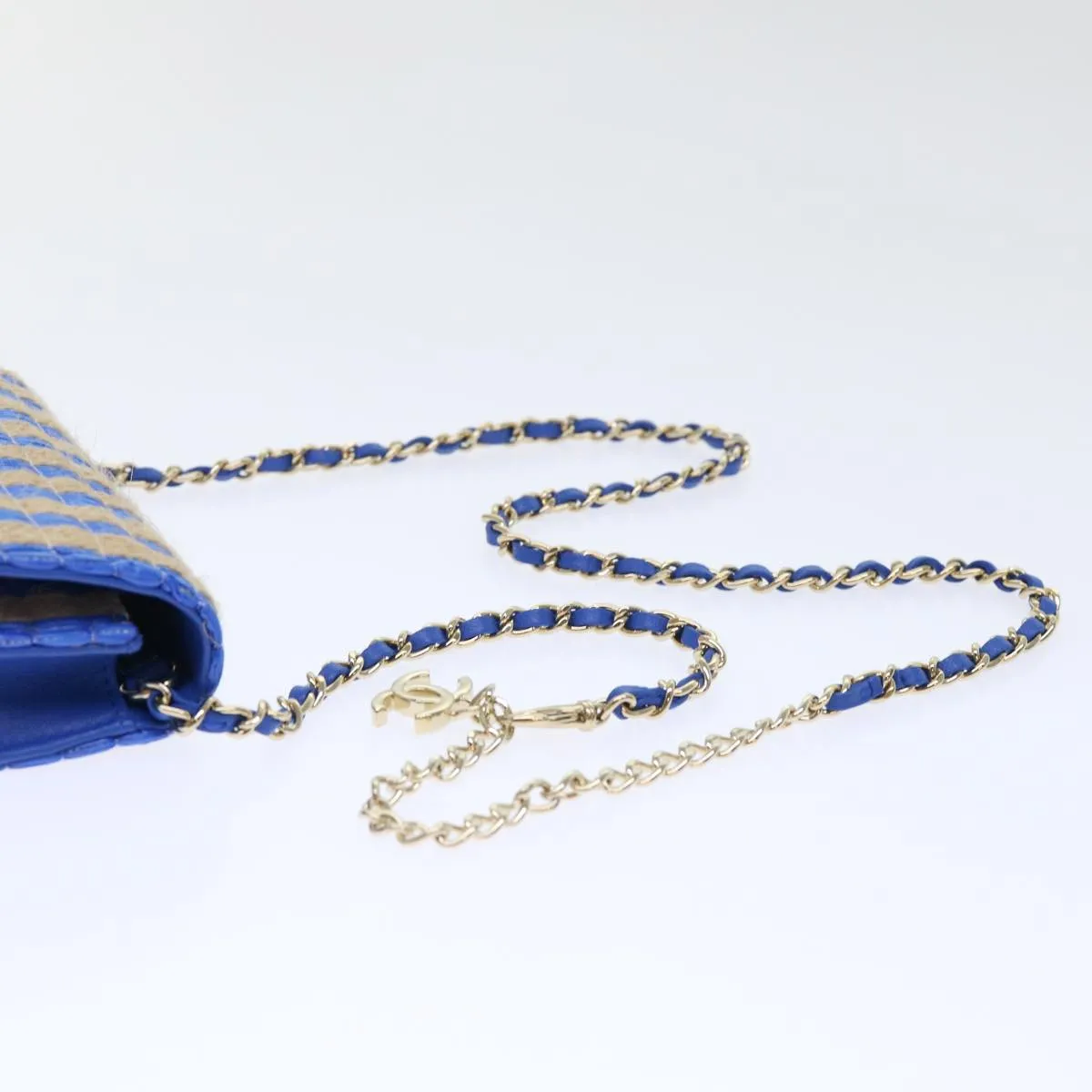 CHANEL Chain Shoulder Bag Raffia Blue Beige CC Auth 51139A