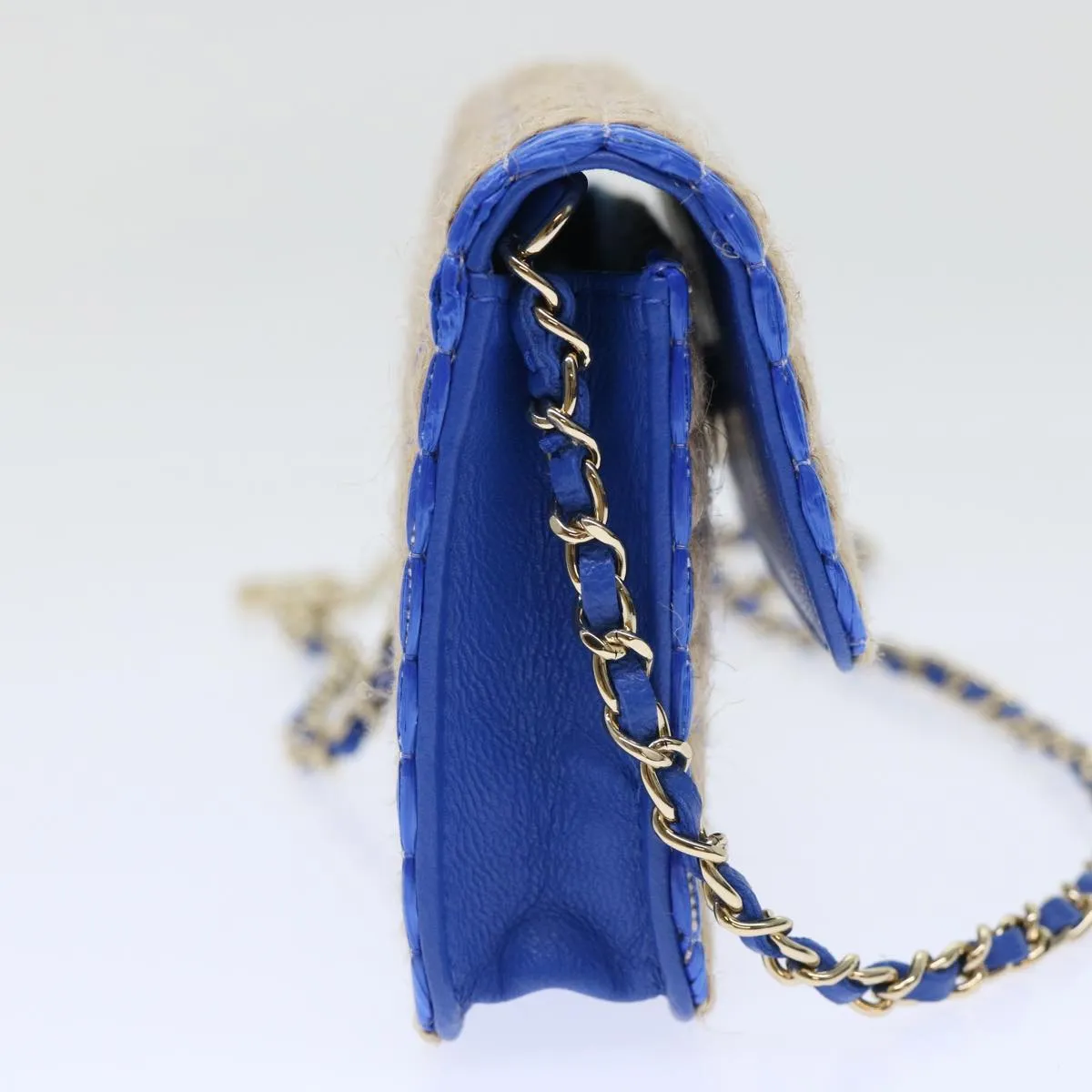 CHANEL Chain Shoulder Bag Raffia Blue Beige CC Auth 51139A