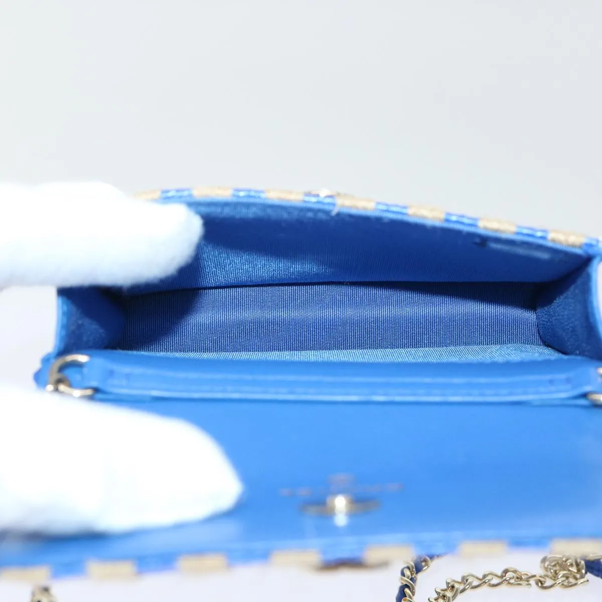 CHANEL Chain Shoulder Bag Raffia Blue Beige CC Auth 51139A