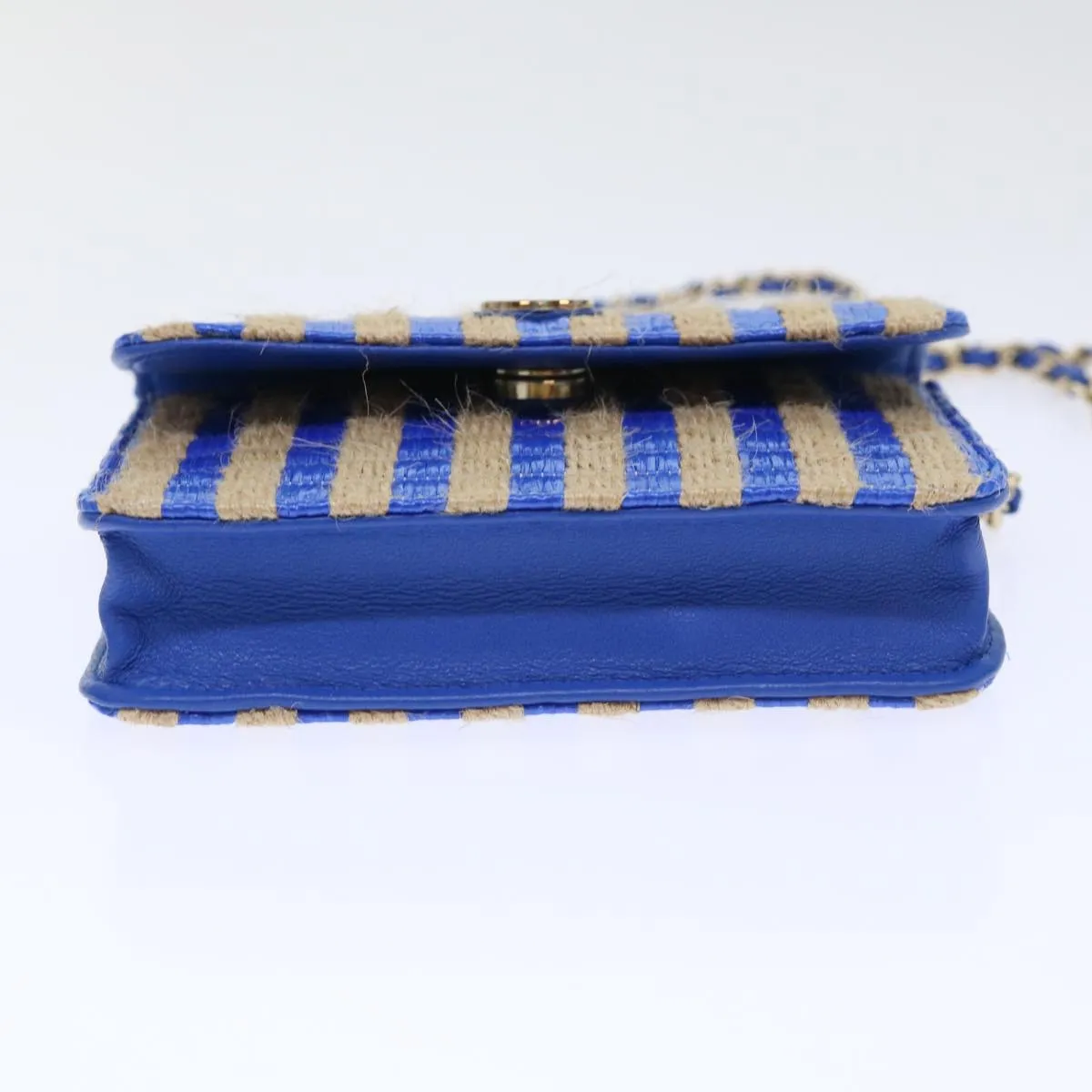 CHANEL Chain Shoulder Bag Raffia Blue Beige CC Auth 51139A