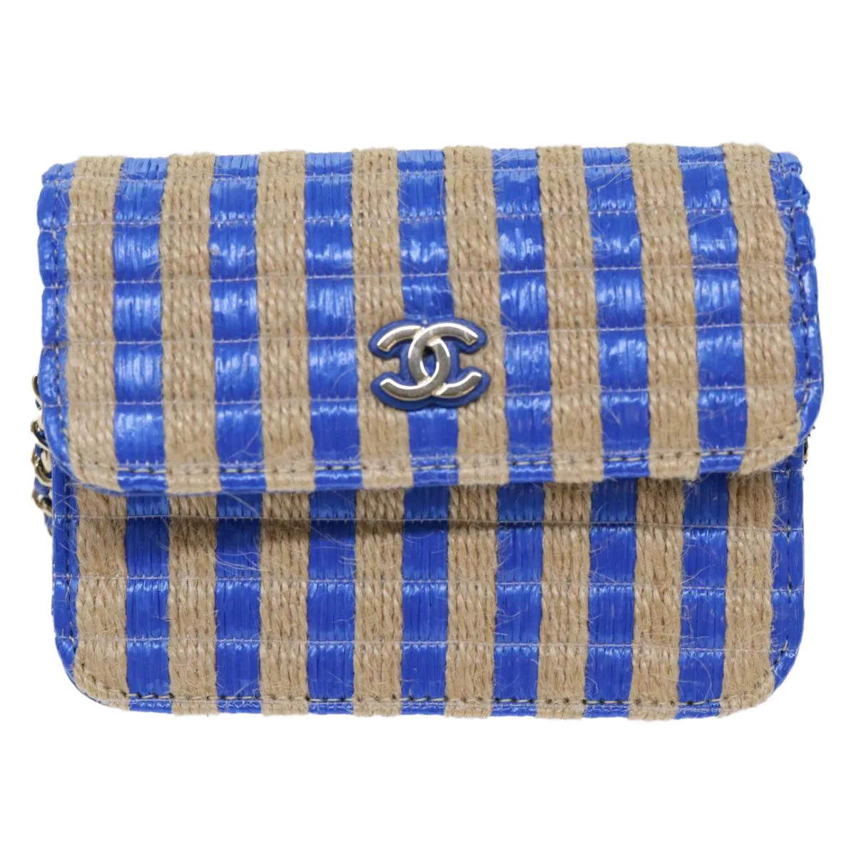 CHANEL Chain Shoulder Bag Raffia Blue Beige CC Auth 51139A