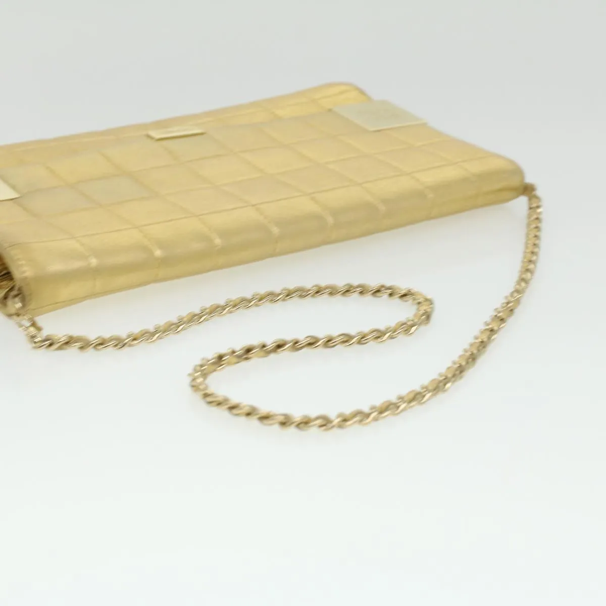 CHANEL Choco Bar line Chain Shoulder Bag Leather Gold CC Auth bs3477A