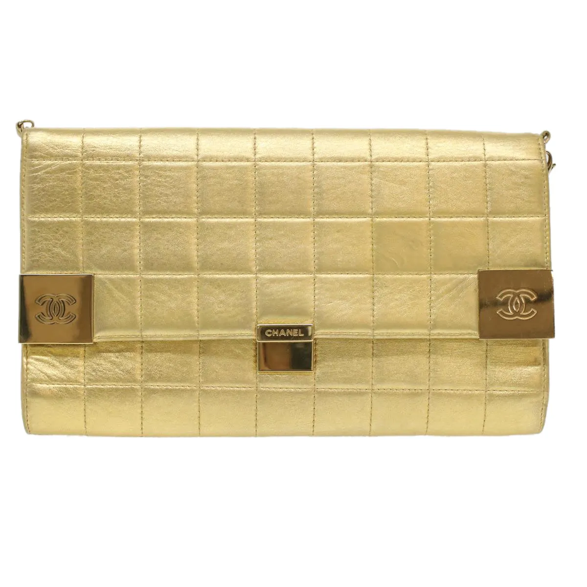 CHANEL Choco Bar line Chain Shoulder Bag Leather Gold CC Auth bs3477A