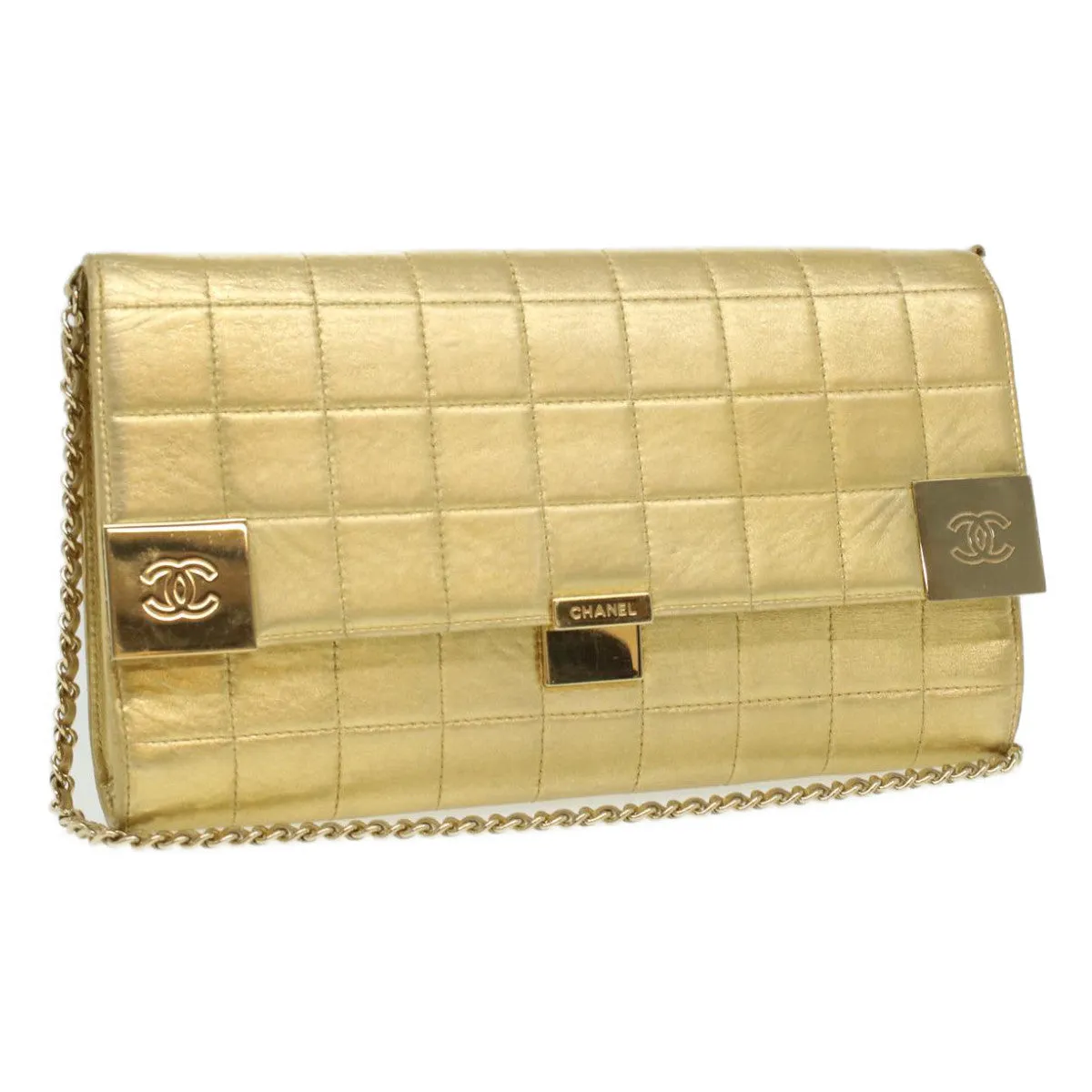 CHANEL Choco Bar line Chain Shoulder Bag Leather Gold CC Auth bs3477A