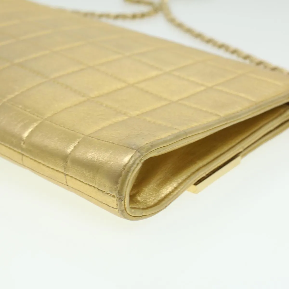 CHANEL Choco Bar line Chain Shoulder Bag Leather Gold CC Auth bs3477A