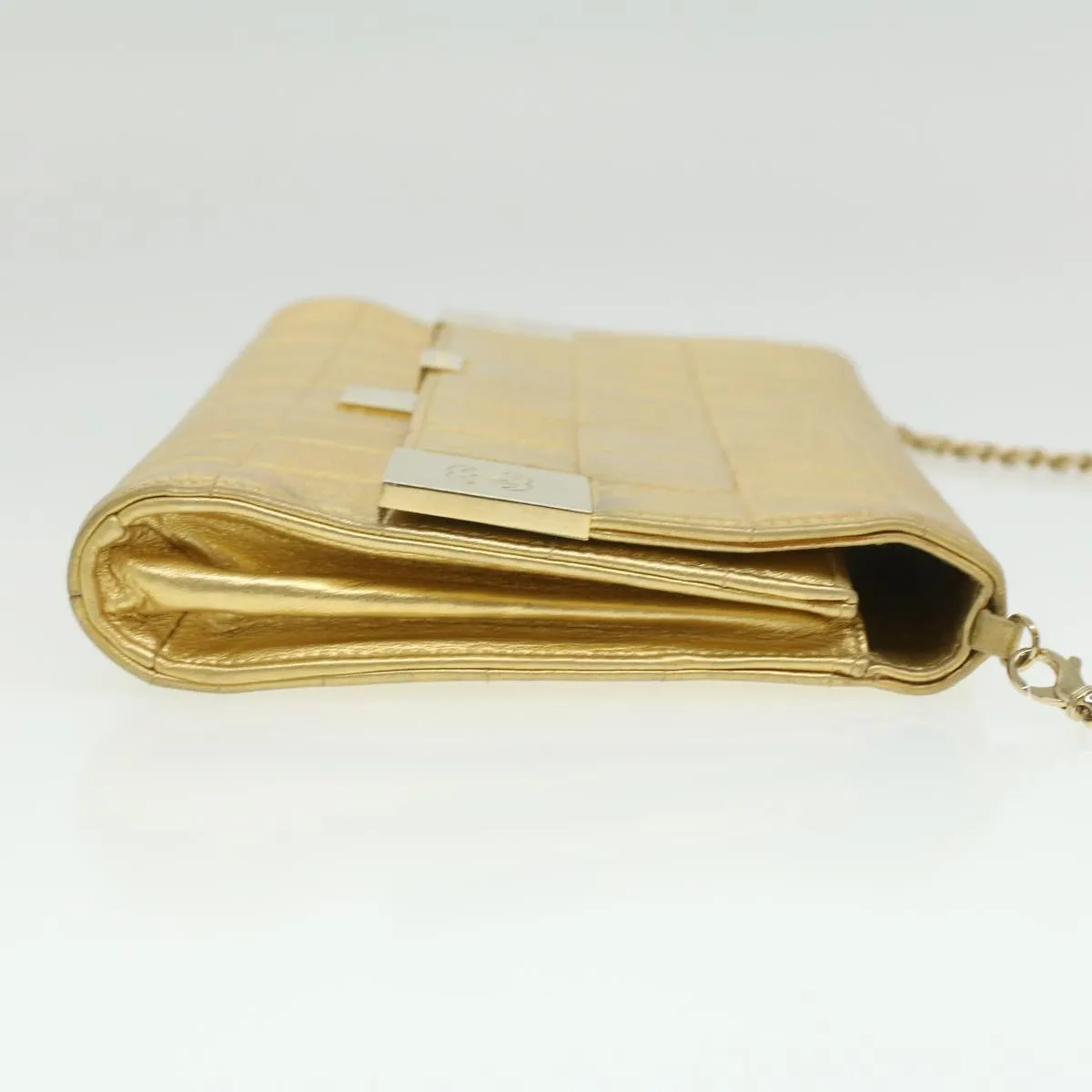 CHANEL Choco Bar line Chain Shoulder Bag Leather Gold CC Auth bs3477A