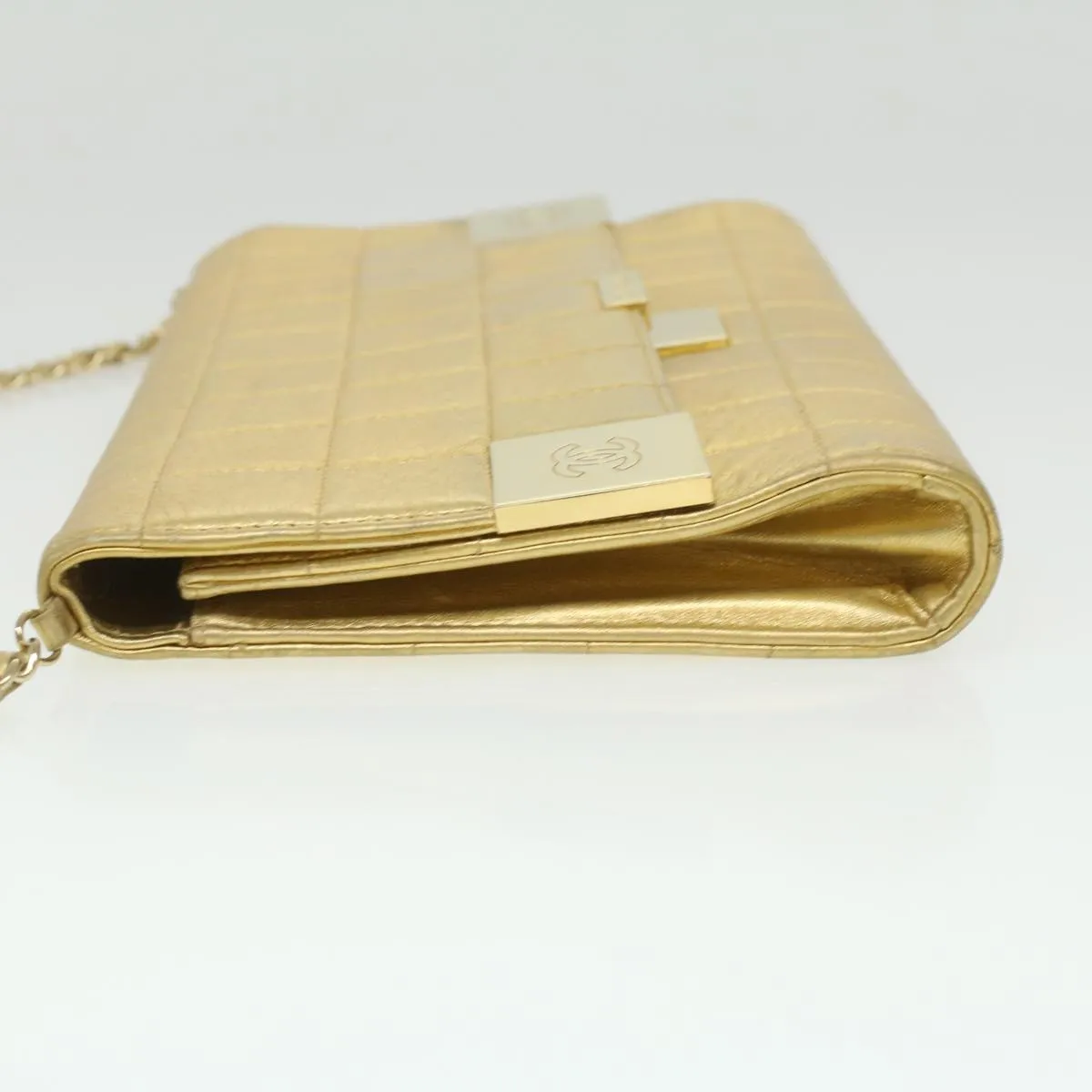 CHANEL Choco Bar line Chain Shoulder Bag Leather Gold CC Auth bs3477A
