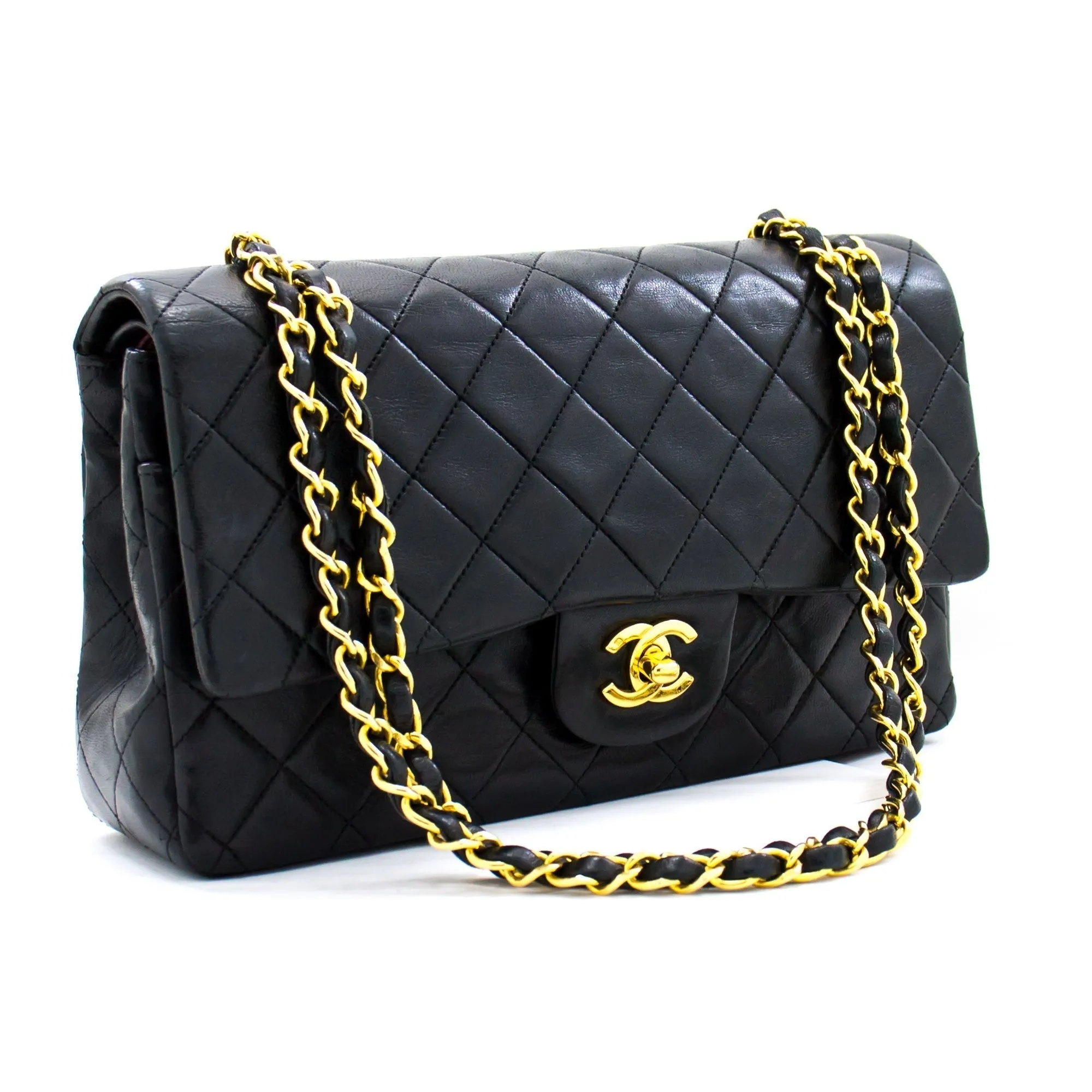 CHANEL Classic Double Flap 10" Chain Shoulder Bag Black Lambskin i71