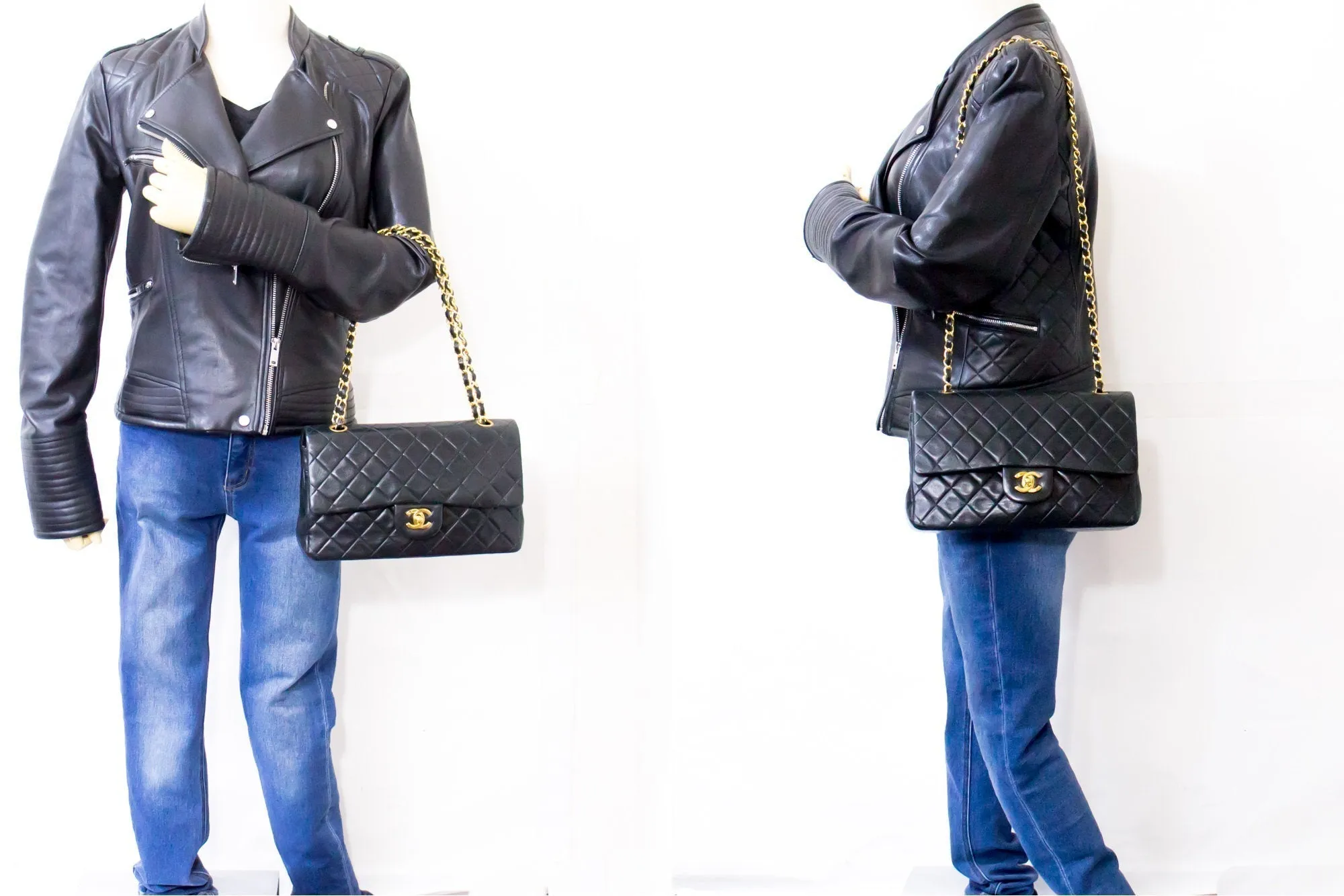 CHANEL Classic Double Flap 10" Chain Shoulder Bag Black Lambskin i71