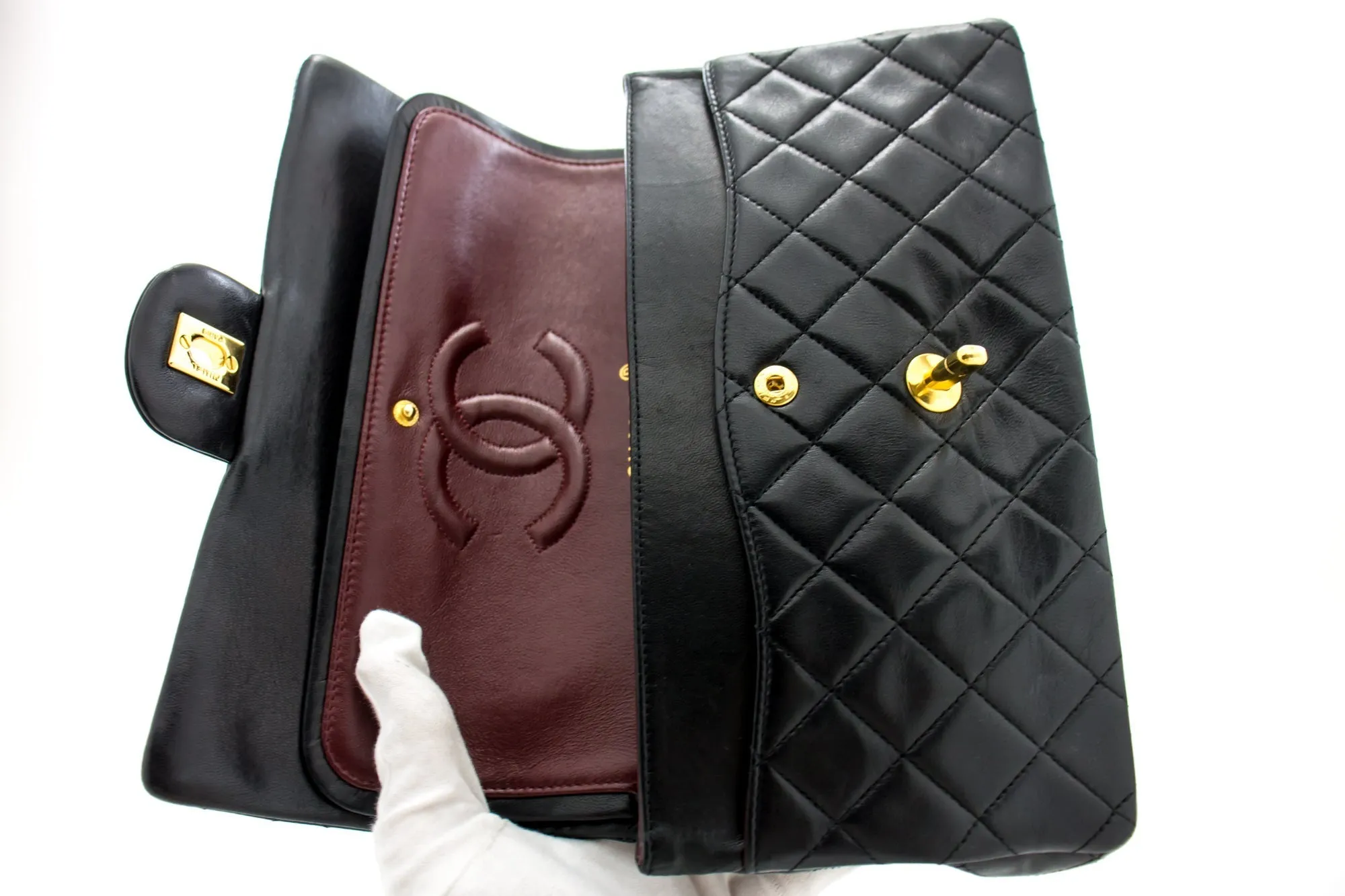 CHANEL Classic Double Flap 10" Chain Shoulder Bag Black Lambskin i71