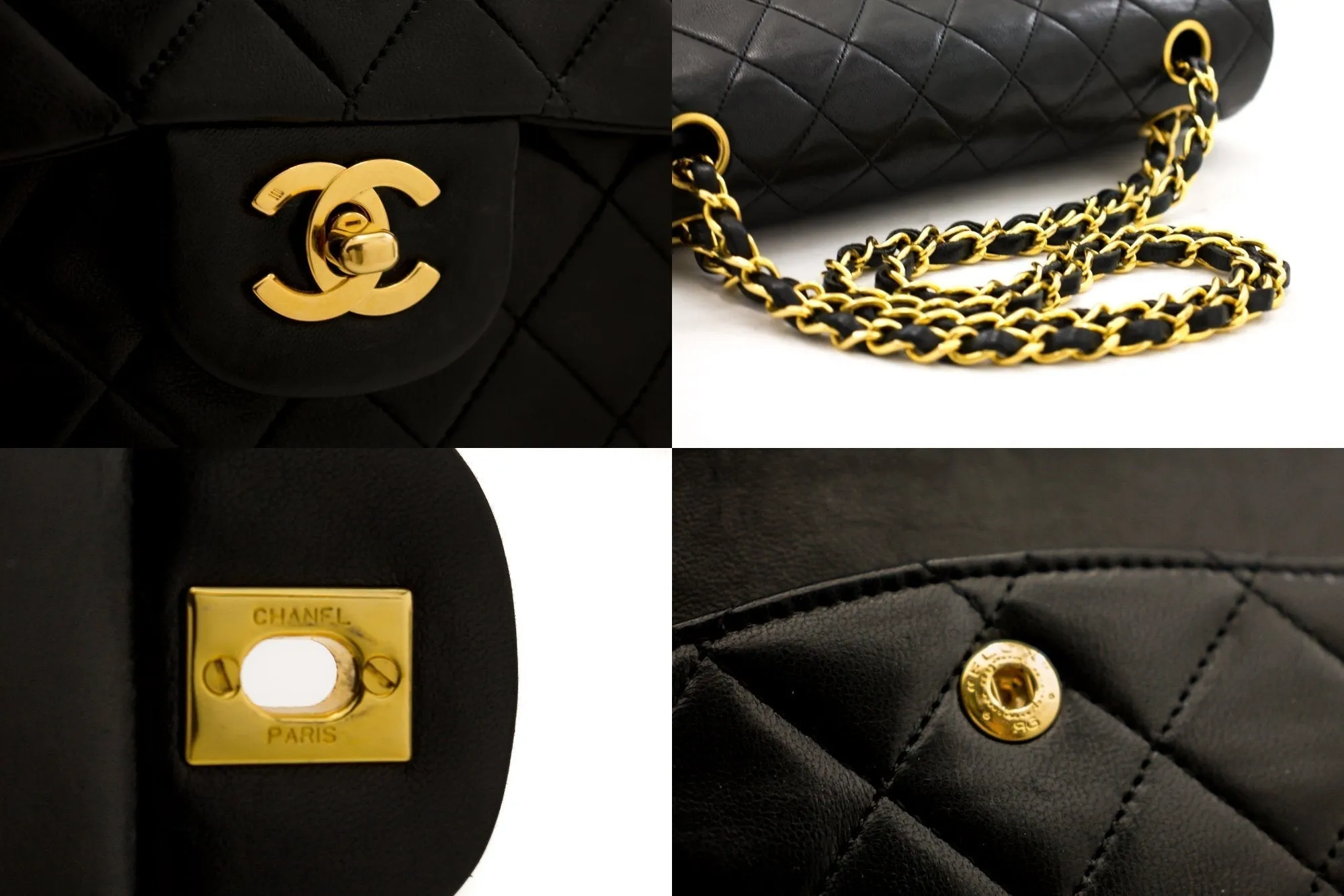 CHANEL Classic Double Flap 10" Chain Shoulder Bag Black Lambskin i71